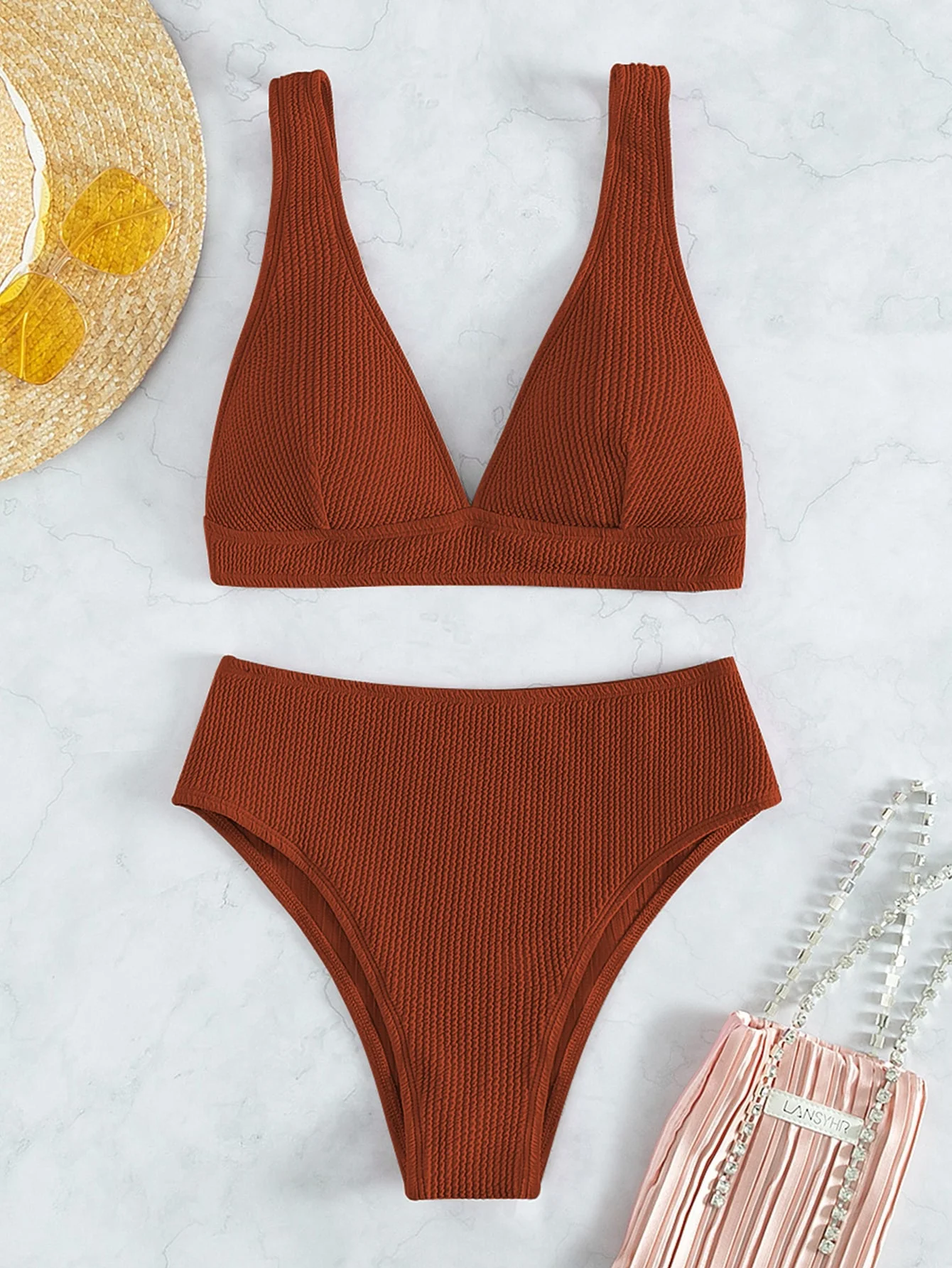 Women's Textured Triangle Bikini Set - High Waist Thong Swimsuit, Ribbed Two Piece Bathing Suit for Beach & Pool, Fashionable Sw 1