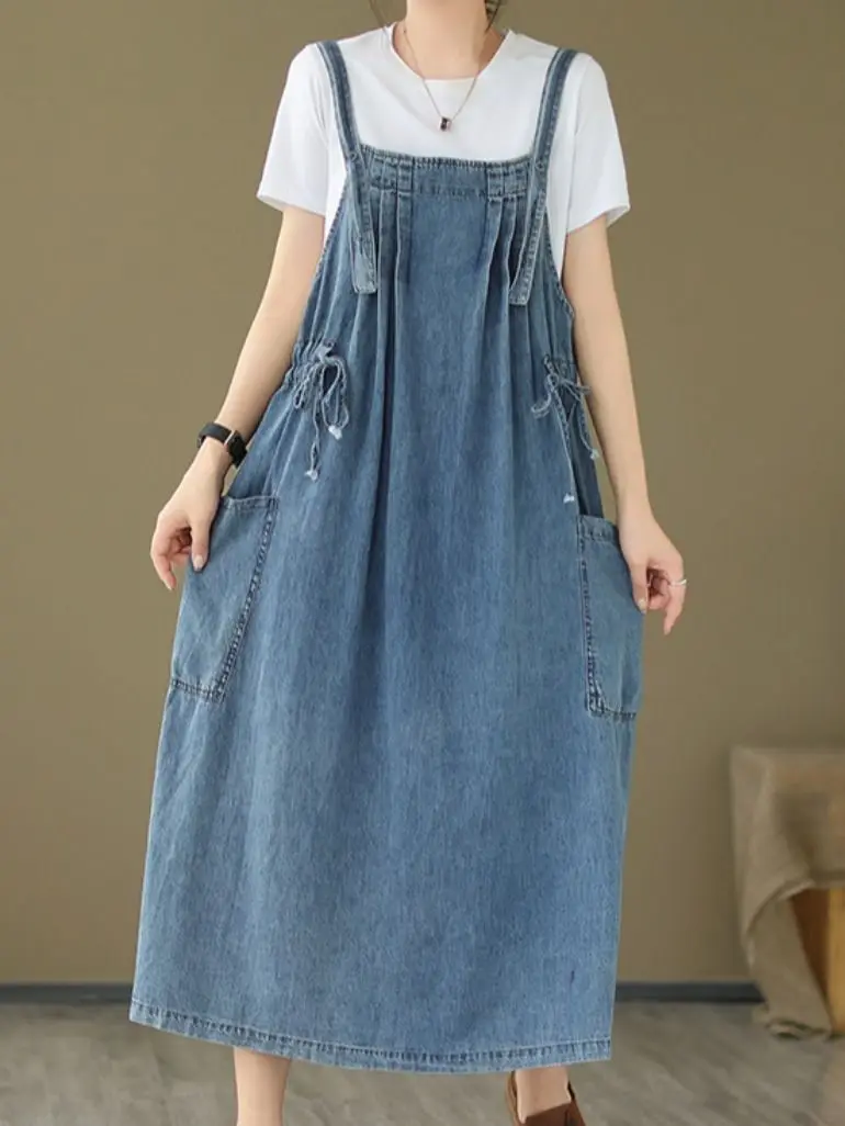 

Fashion Denim Sleeveless Loose Waist Dress Women's Loose 2023 Summer Pullover Square Collar Spaghetti Strap Ankle Length Dress