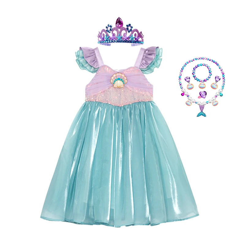 thumbnail image 1 of Disfraz de princesa Ariel de La Sirenita para niñas de Disney, vestido de malla con lentejuelas y mangas voladoras, ropa para fiesta de cumpleaños y carnaval, 1 of 5