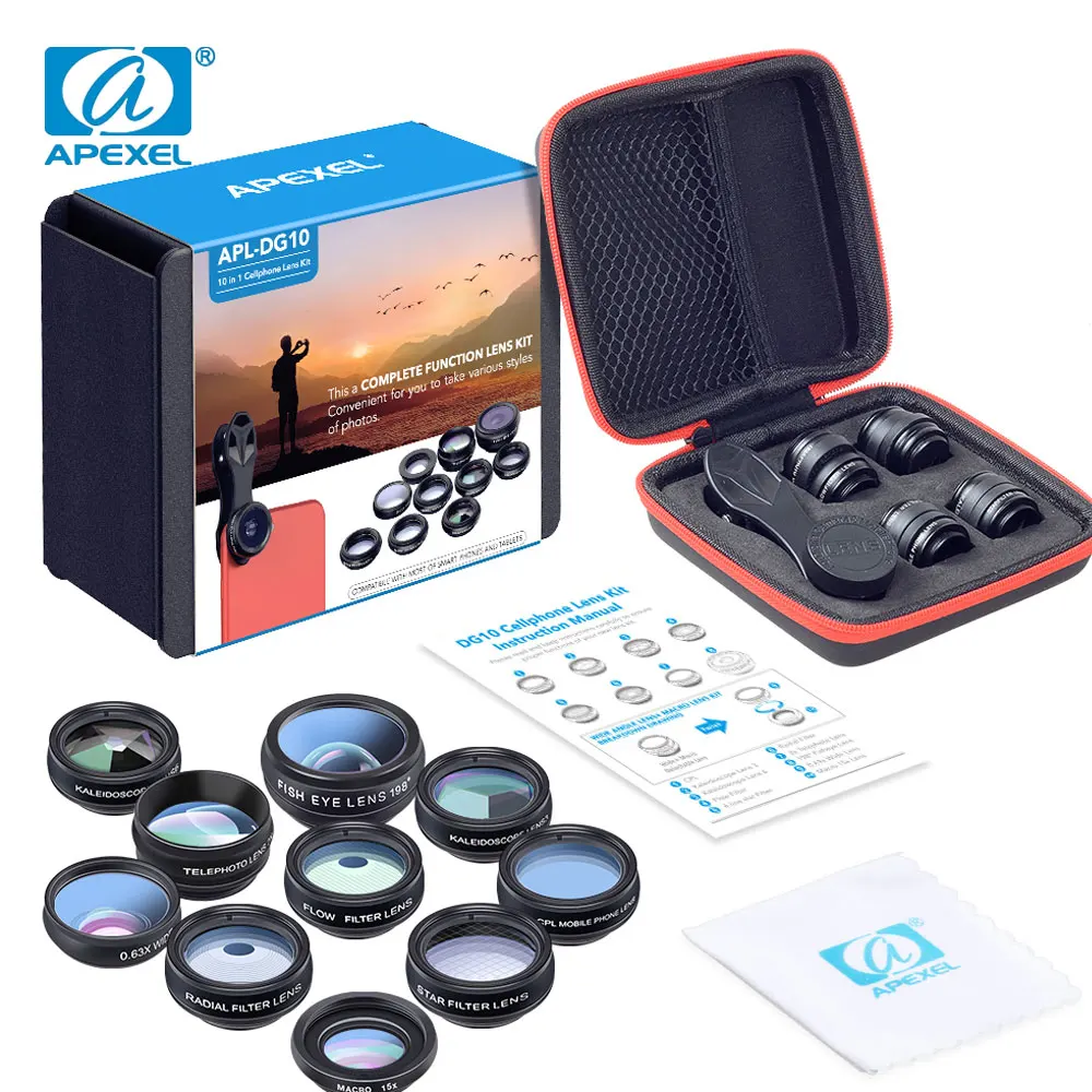 APEXEL cellulare obiettivo 10 in 1 Kit Fisheye grandangolo telescopio Macro obiettivi della fotocamera per IPhone Samsung Huawei Xiaomi obiettivo del telefono