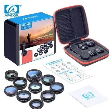 APEXEL cellulare obiettivo 10 in 1 Kit Fisheye grandangolo telescopio Macro obiettivi della fotocamera per IPhone Samsung Huawei Xiaomi obiettivo del telefono