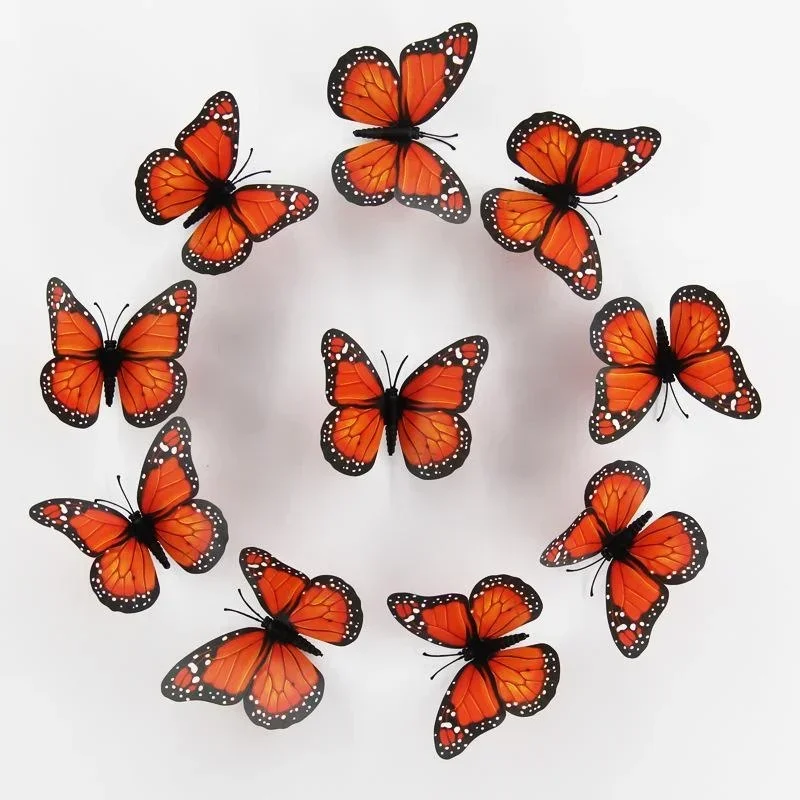 12 Pcs 3D Artificial Monarch Butterflies - 3 Sizes Orange Fake Butterflies For Wall Decor, Wedding, Party | Magnet & Glue