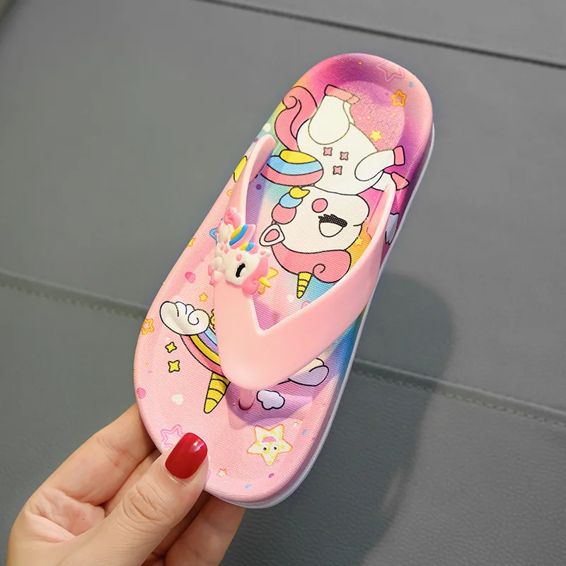 Cute Unicorn Flip-flops Girls 2022 Summer Indoor Home Bath Non-slip Sandals Children Princess Clip-on Flat Beach Shoes Slippers 3