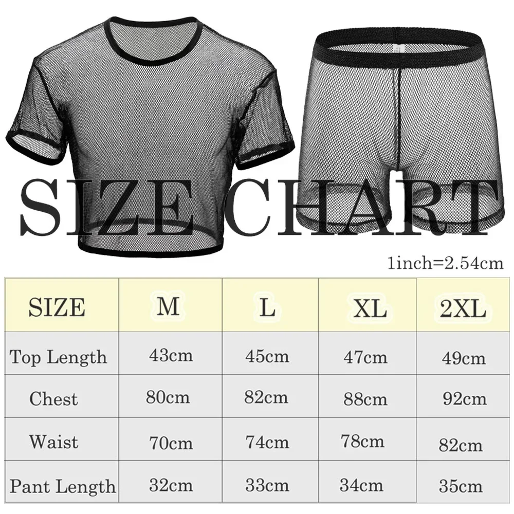 Sexy Men Undershirt Set Fishnet Mesh Cropped Tops+Boxers Transparent Sheer Fishnet Hollow Short Sleeve Top Shorts Sets Nightwear