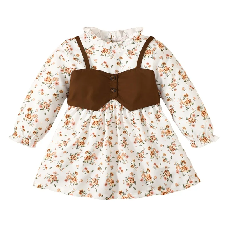 

4-7Y Toddler Girls 2 Piece Outfits Floral Print Long Sleeves A-Line Dress and Corset for Party Cute Clothes