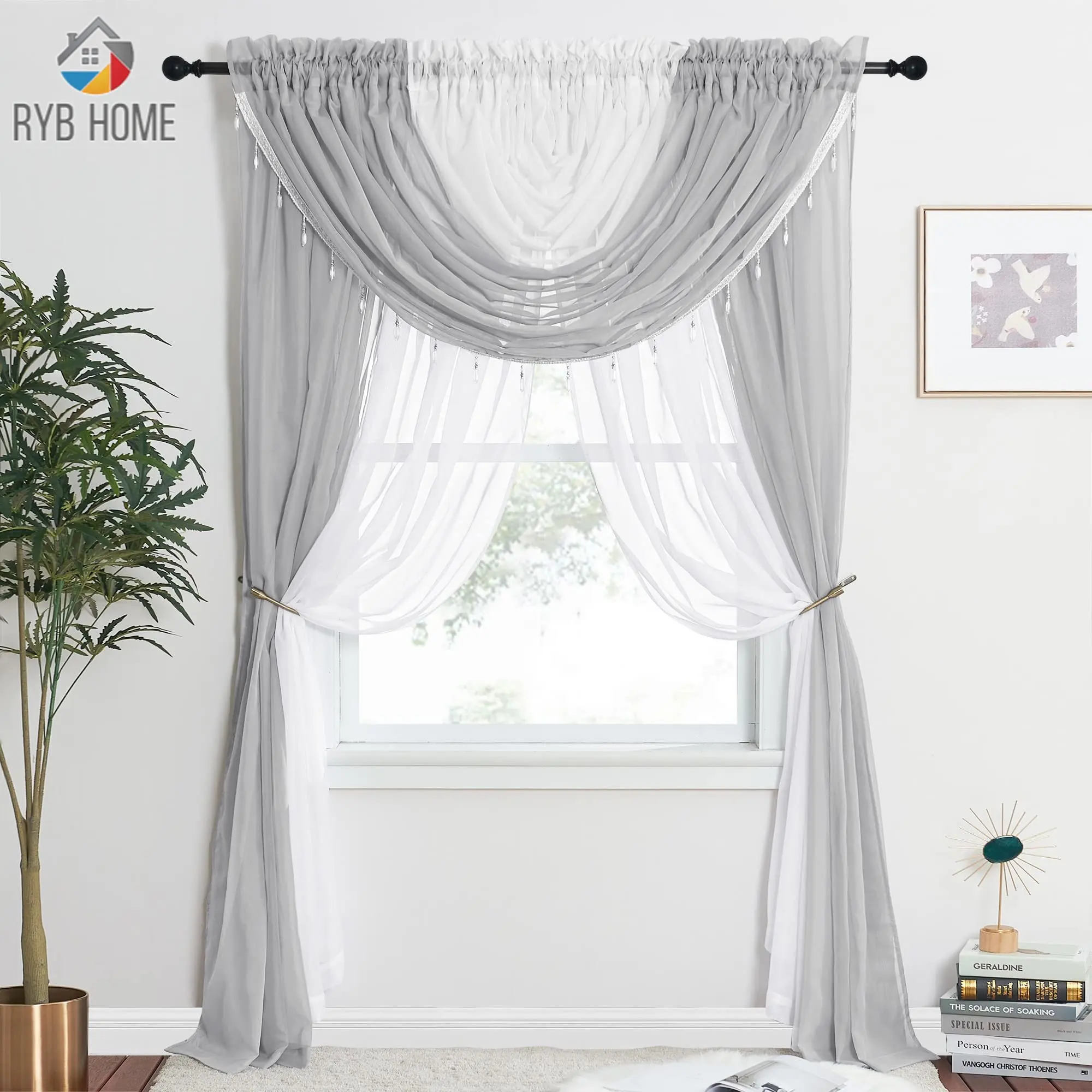 Ryb Home 6pcs Sheer Curtains Set With 4 Attached Panels (55"x 84" Each
