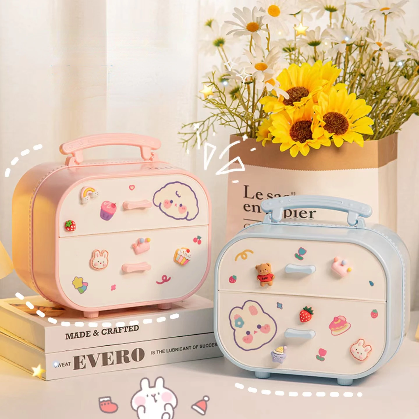 Cartoon Style Cosmetic Storage Box for Girls Dormitory Desk