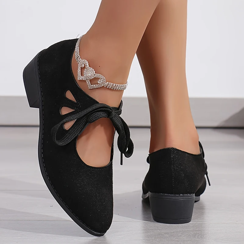 Lucyever Vintage Lace Up Thick Heels Pumps Women Shoes 2025 Spring Pointed Toe Mary Jane Shoes Woman Plus Size Faux Suede Pumps 6