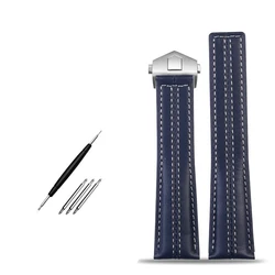Premium Genuine Leather Watch Strap - Elegant Cowhide Watchband Accessories, 22mm - 22mm (Blue - silver)