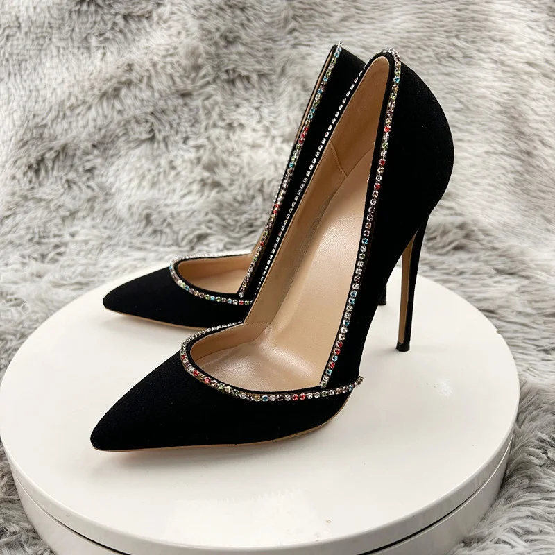 

Colorful rhinestone decoration 12cm 10cm 8cm 6cm high thin heels pointed toe black classic elegant women pumps RM040 ROVICIYA