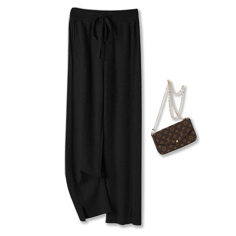 High Quality Knitted Wide Leg Pants Women New Autumn Winter High Waistline Elasticity Fashionable Versatile Floor Mops Trousers