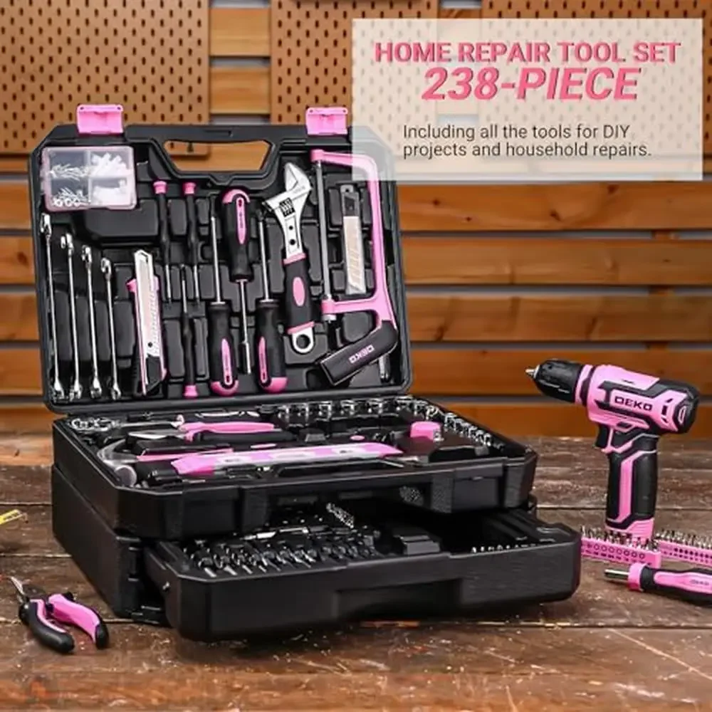 238-Piece Pink Tool Set with 12V Cordless Drill Home Repair