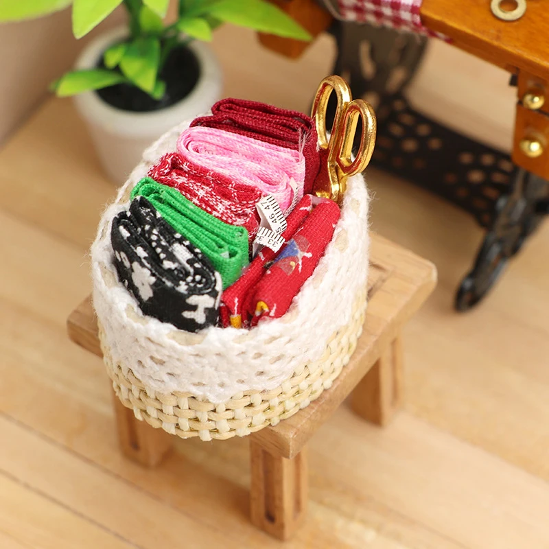 1/12 Dollhouse Miniature Accessories Sewing Tools Basket Model Simulation Scissors Cloth Ruler For Miniature Scene Decoration