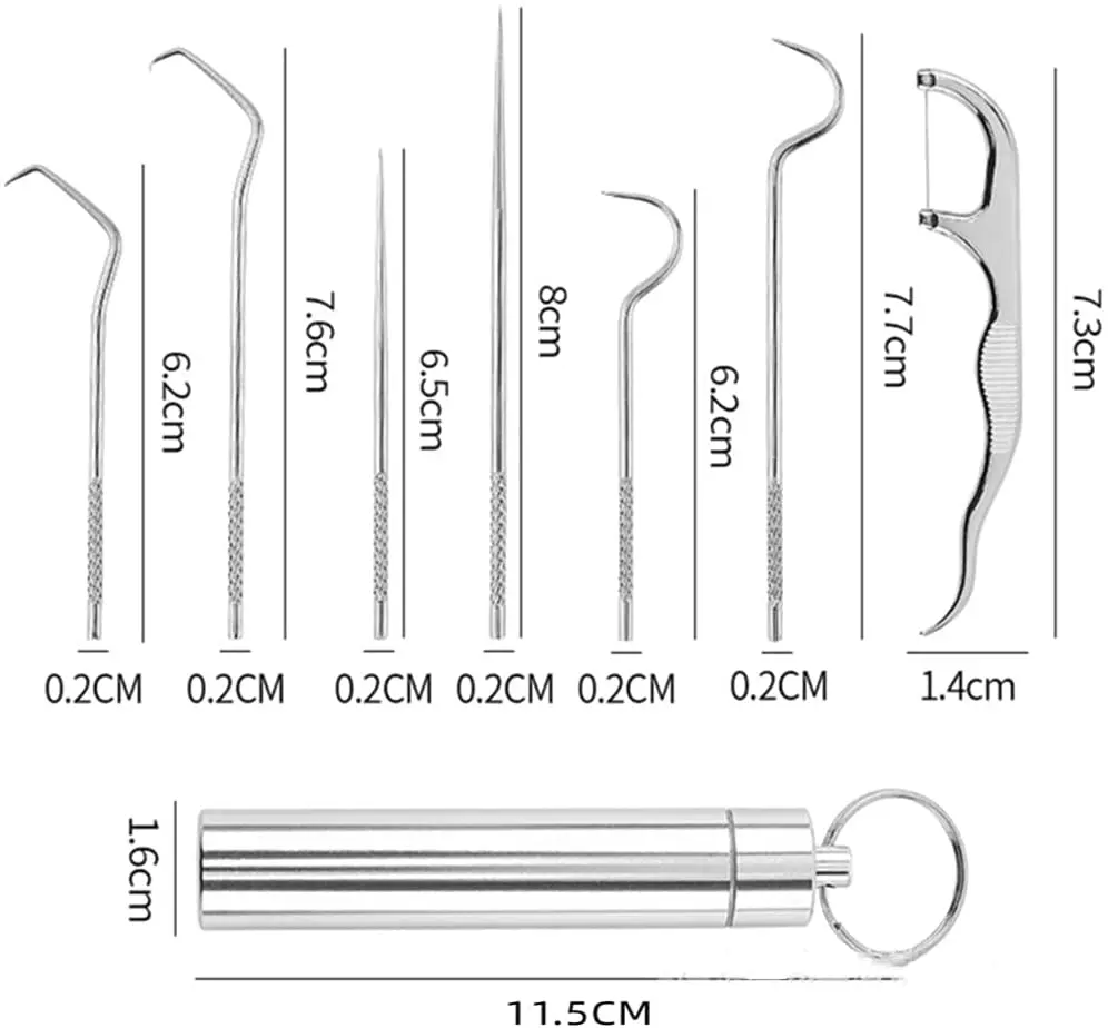 3/7pcs Set Stainless Steel Toothpicks Dental Floss Oral Care Tool Toothpicks Container Portable Keychain with thread