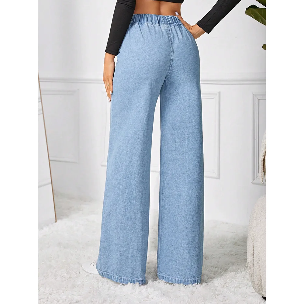 Women’s vintage wide leg distressed elastic waist floor-length denim jeans 003