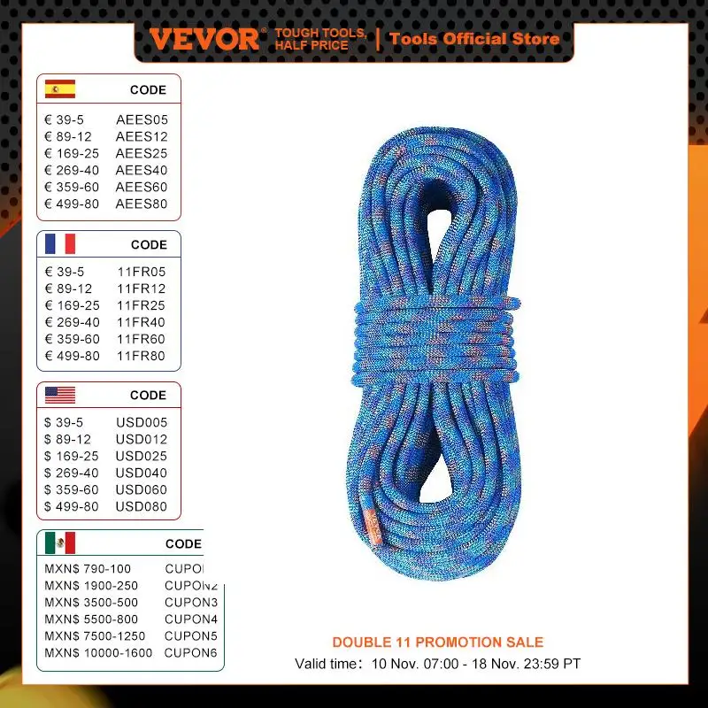 VEVOR 10.2mm Dynamic Climbing Rope 131-230ft Outdoor Rock Climbing Rope 25KN Breaking Tension Stretchable Fiber with Hooks
