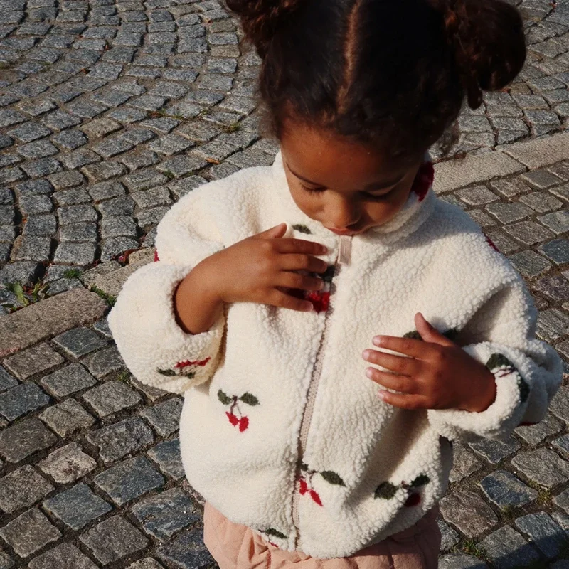New Ks Winter Overalls for Children Sequins Outerwear Cherry Jacket Warm Thick Outfit Clothing with Hooded Lambswool Coat