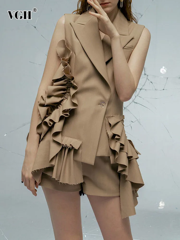 

VGH Khaki Suit For Women Patchwork Ruffle Ruched Sleeveless Blazer Wide Leg Shorts Casual Two Piece Set Female 2023 Clothing New