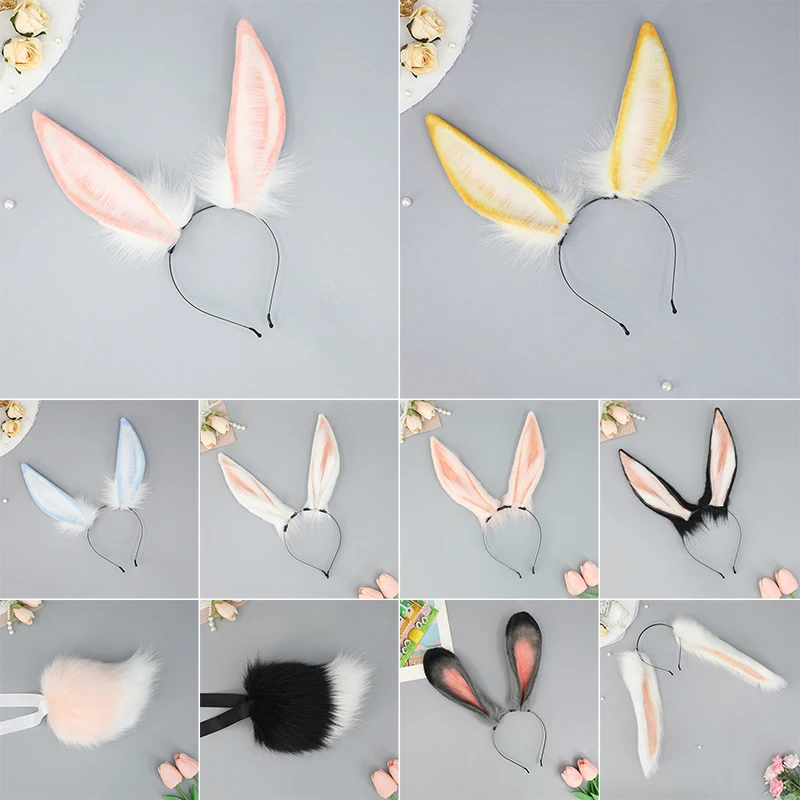 Mädchen Plüsch Lange Kaninchen Ohren Stirnband Lolita Cosplay Requisiten Halloween Party Tier Ohr Kopfbedeckung Hoop Haar Zubehör Kaninchen Schwanz – Detail 1