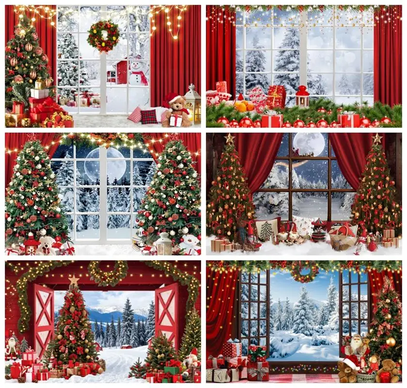 

Laeacco Winter Christmas Window Scenery Backdrop Forest Xmas Tree Red Curtains Kids Birthday Portrait Photography Background