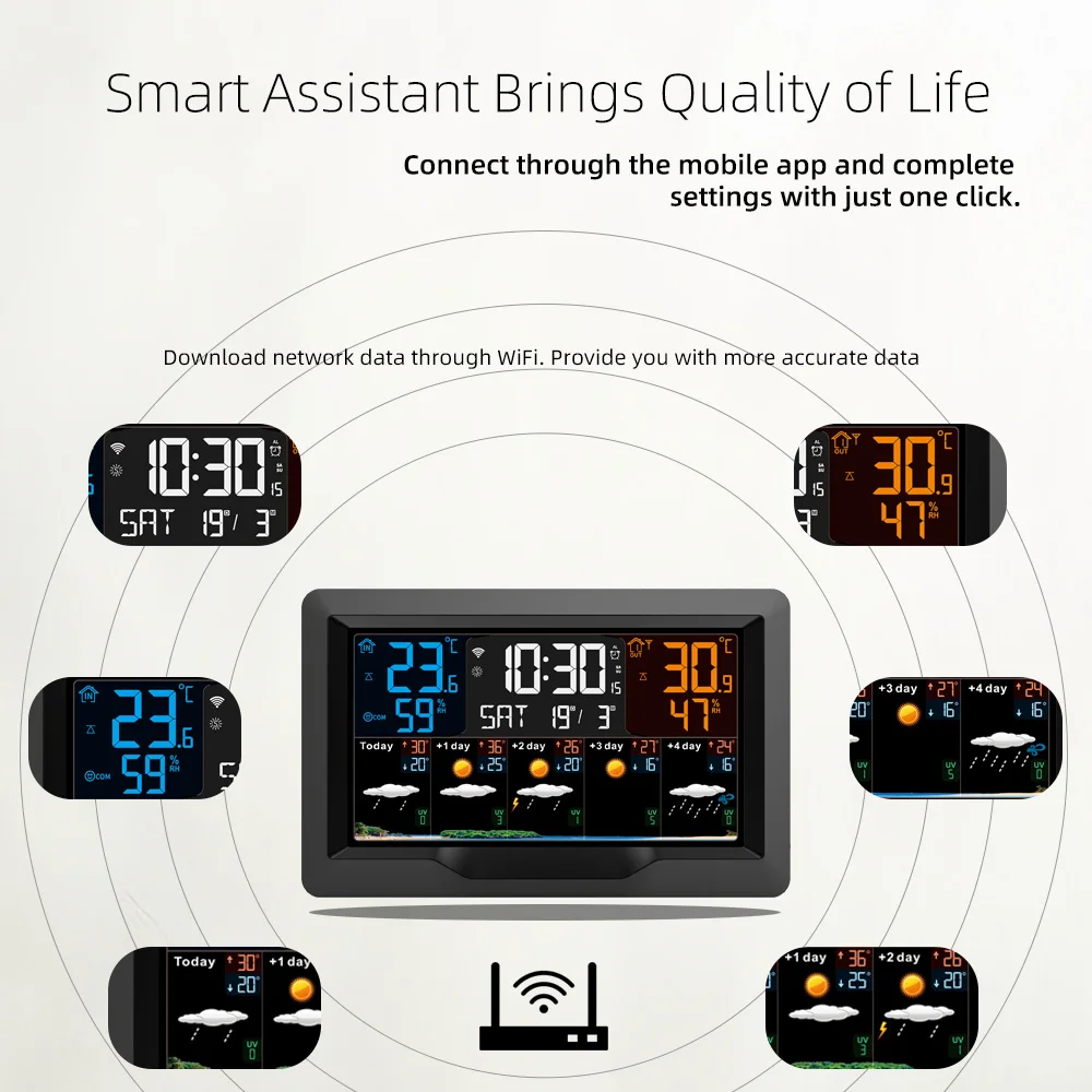 WIFI Smart Weather Station Clock FJ3390TY-A Indoor and Outdoor Temperature & Humidity Meter Large Color Screen Weather Clock