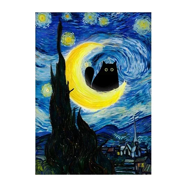 Whimsical Starry Night Cat Canvas Art - Colorful Abstract Floral Decor