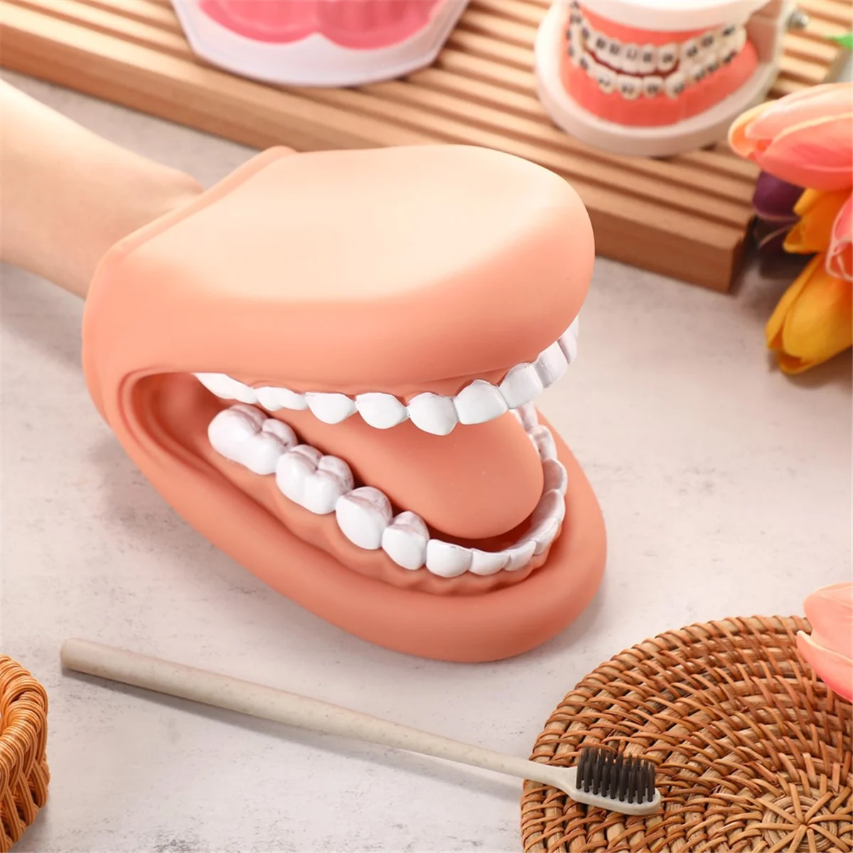 1Pcs Mouth Puppet with Tongue Teeth Mouth Hand Puppet Dental Model with Toothbrush for Boy Girl Educational Tool