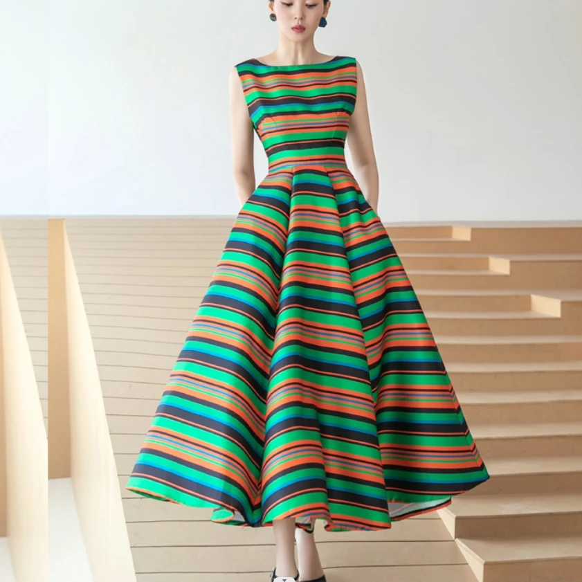 

Vintage Striped Sleeveless Dress O-Neck Ladies Casual Slim Female Dresses Vestido Women 2024 Summer High Waist Fashion S909a