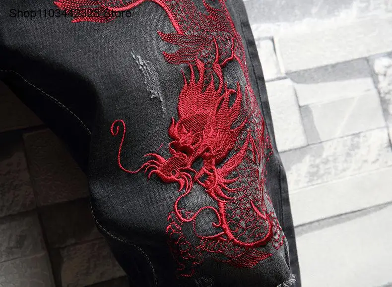 Men's Summer Fashion Punk Embroidered Pattern Mid-Waist Denim Shorts