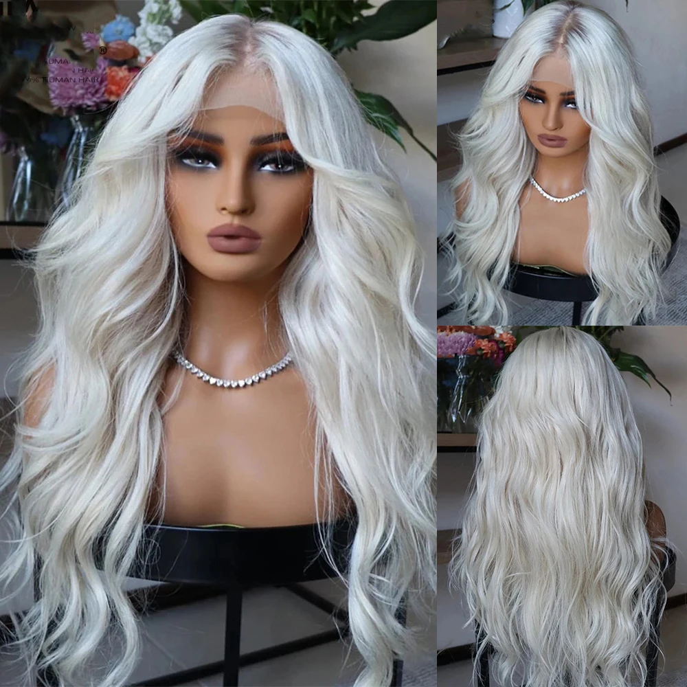 Platinum Blonde Lace Front Wig Body Wave Human Hair Blended Wigs Rooted HD Lace Wigs Heat Friendly Synthetic Fiber for Women
