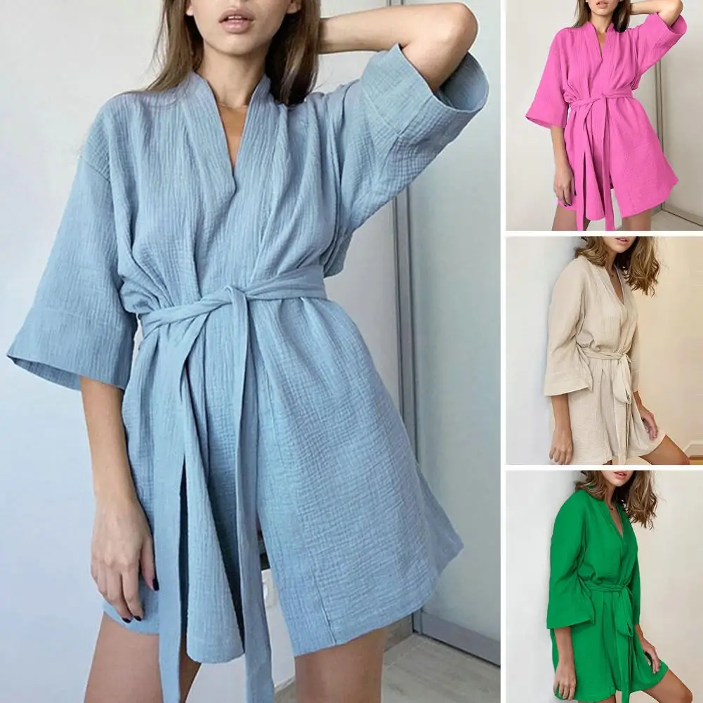 Women Bathrobe Tie Waist Cardigan Belt Loose Sleeping Half Sleeves Water Absorption Hot Spring Bathing Bathrobe Female Clothes