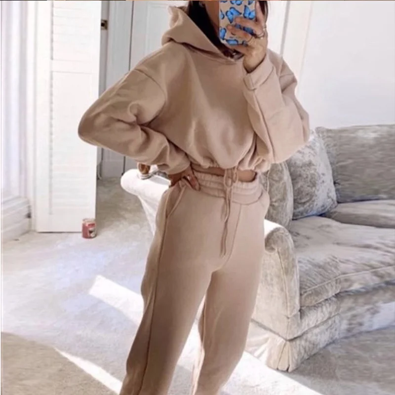 2025 Autumn Winter Women Sweatshirt Set Solid Color Casual Simple Hooded 2 Piece Outfit Set Fashion Gym Jogging Woman Pant Sets 3
