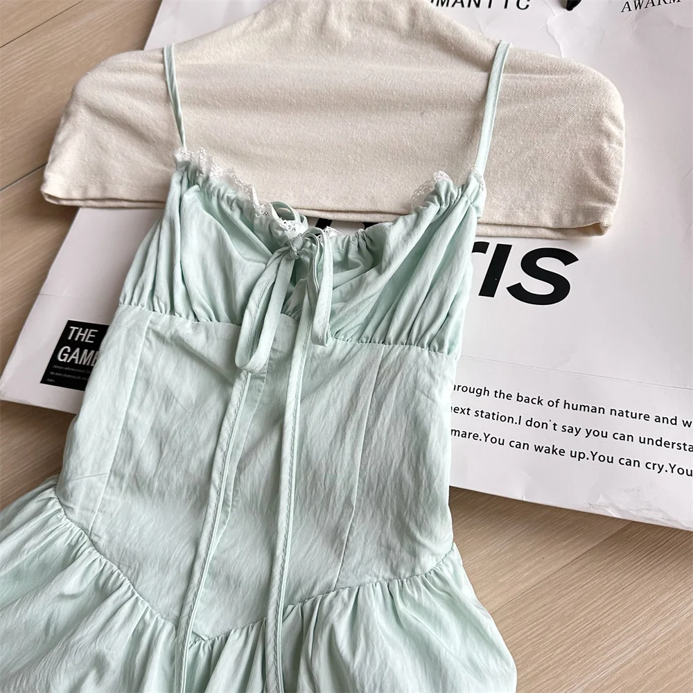 Summer New Spaghetti Strap Backless Midi Dresses for Women Lace-up Sleeveless Beach Style Korean Fashion One Piece Vestido Mujer