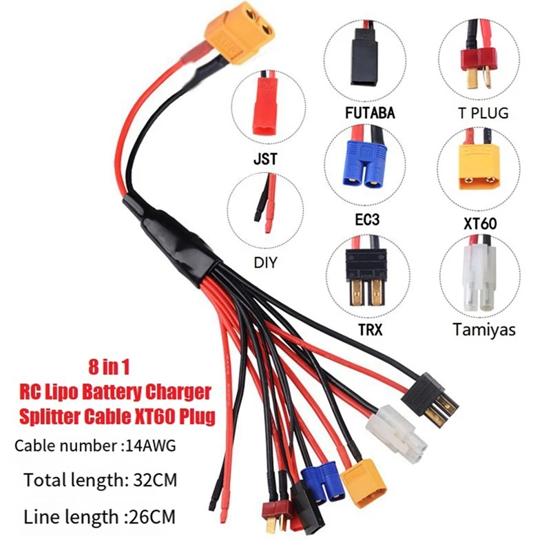 

8 In 1 Lithium Battery Charger Splitter Cable XT60 Plug To JST T Plug XT60 EC3 Futabas Tamiyas
