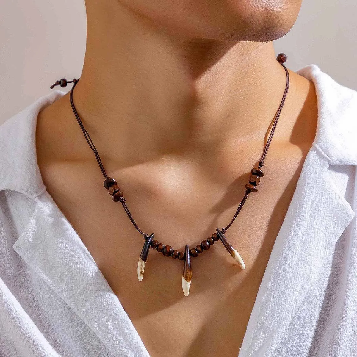 Domineering Personality Wolf Tooth Wooden Beads Hip-hop Men's Jewelry Necklace