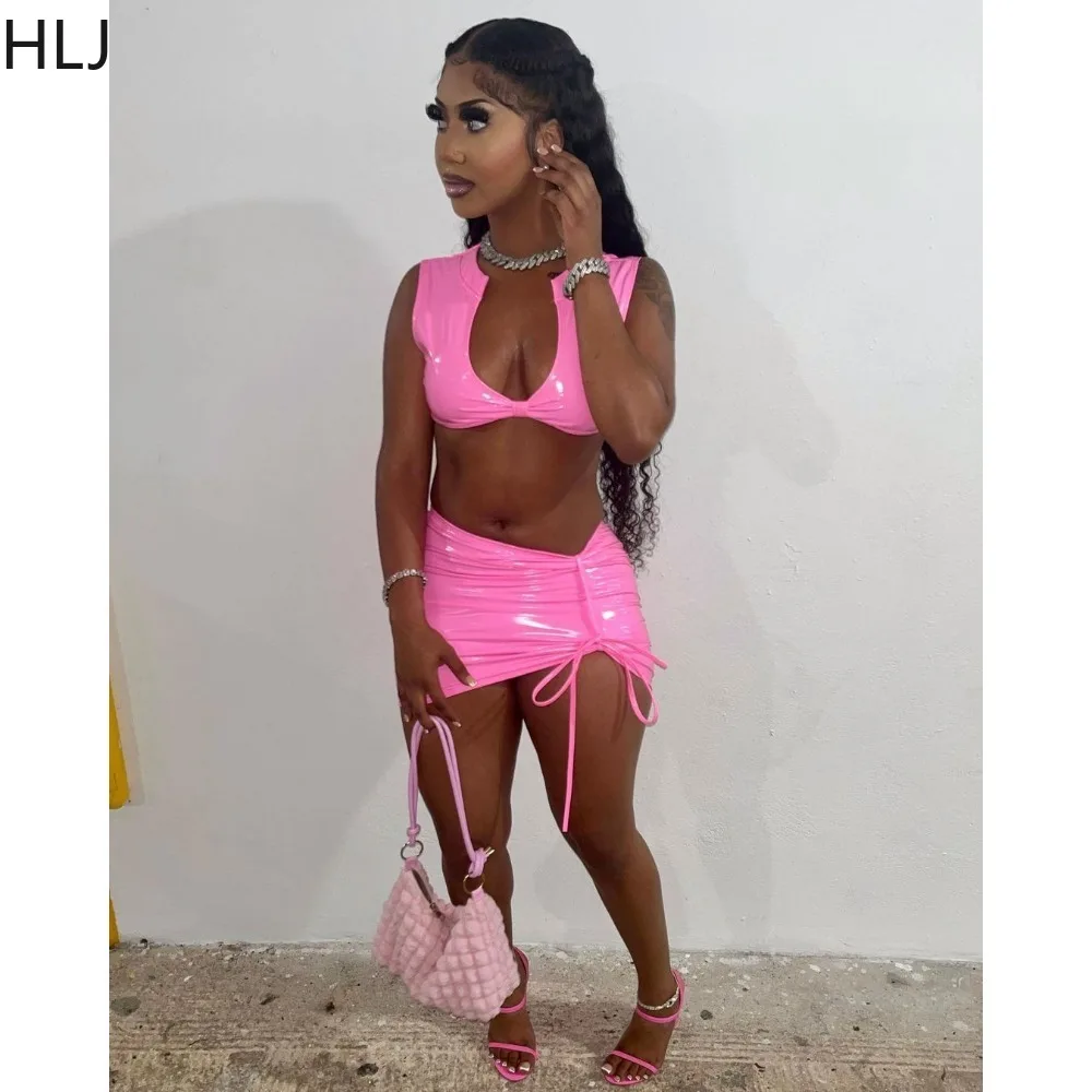 HLJ Pink Sexy PU Leather Drawstring Mini Skirts Two Piece Sets Women Deep V Sleeveless Crop Top And Skirt Nightclub 2pcs Outfits