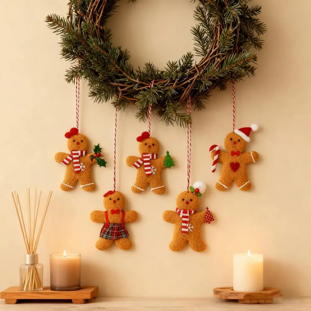 6Pcs 9-12cm Gingerbread Man Ornaments Fabric Figurine Christmas Tree Decorations Hanging Cloth For Holiday Home Party Decor
