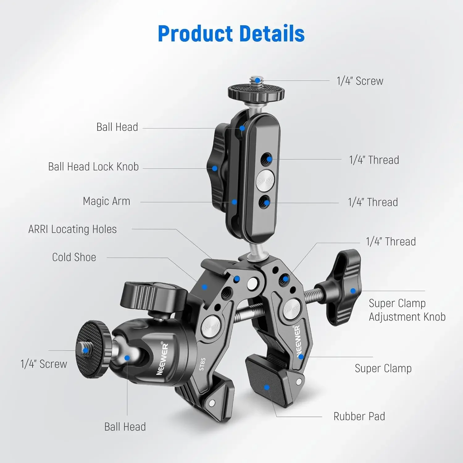 Super Clamp with 3-Inch Dual Ballhead Magic Arm Cold Shoe Phone Holder Action Ca