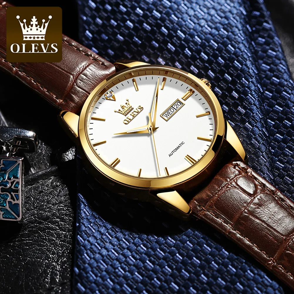 OLEVS 6629 Men Wristwatch Automatic Mechanical Genuine Leather Strap Business Watch For Men Luminous Waterproof
