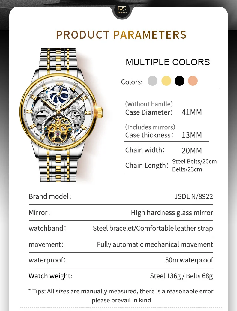 JSDUN Original Automatic Mechanical Watch for Men Skeleton