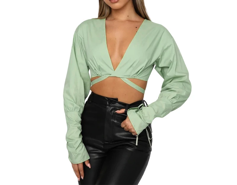 Spring and Summer New Solid V-neck Strap Open Navel Short Women's Casual Back Zipper Cardigan Fashion Long Sleeve Shirt Female