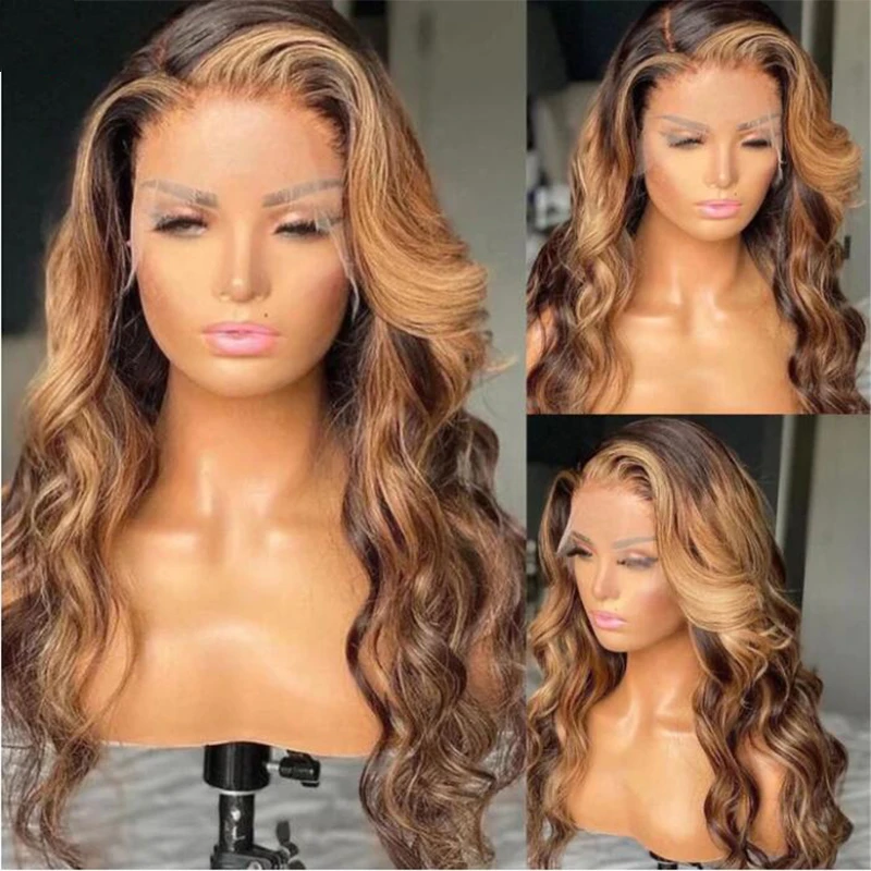 

26“Long Highlight Ombre Honey Blonde Body Wave European Human Hair Jewish 13x4 Lace Front Wig For Women Soft Glueless Baby Hair