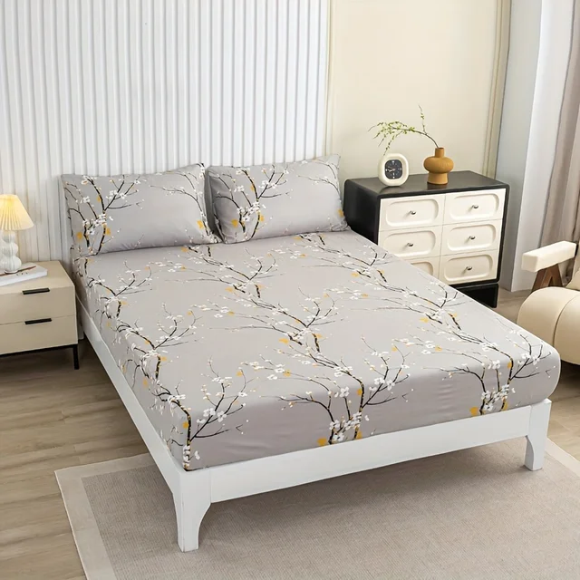 Ensemble de Drap-Juste à Motif Imprimé, 1 x Drap-Juste + 2 x Taies d'Oreiller, Sans Noyau, 3 Pièces 3