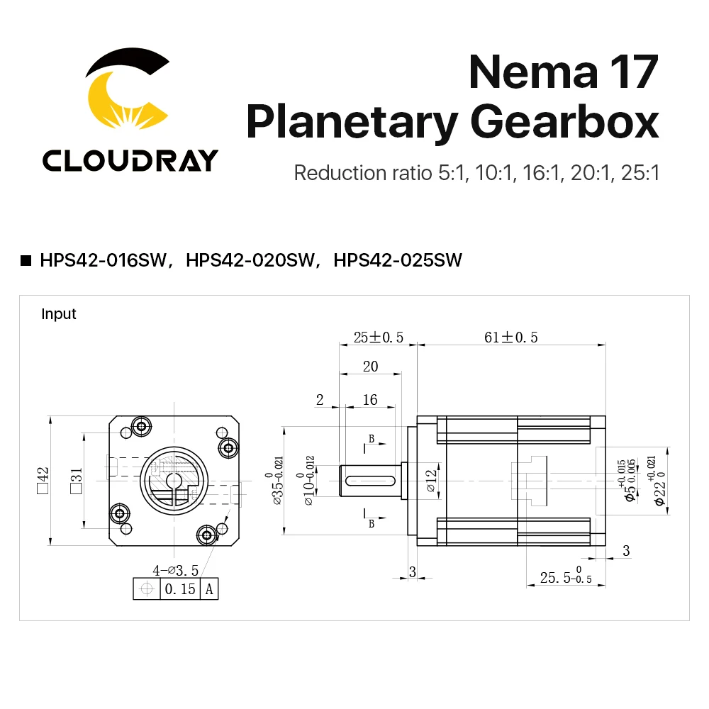 Cloudray Nema17 Planetary Gearbox HPS42 Motor Reducer Square With Ratio 5:1 10:1 16:1 20:1 25:1 5mm Input