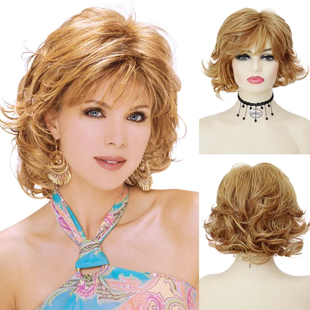 GNIMEGIL Short Synthetic Wigs for Women Glueless Brown Curly Wig with Bangs Natural Looking Mommy Wig Costume Family Party Hair Blonde