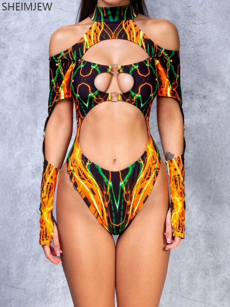 New Halter Neck Colorful Hell Magma Multi-color Cosplay Jumpsuit Women Sexy Hollow Art Tights Flame Swimsuit High Fork Beachwear