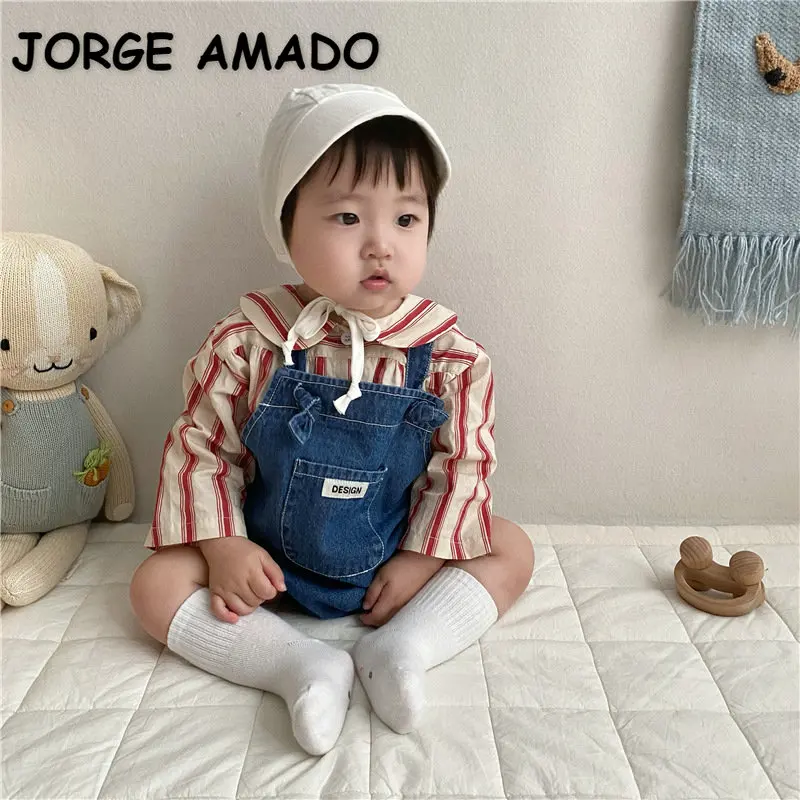 

Korean Style New Spring Baby Girl Sets Long Sleeves Turn-down Collar Red Striped Shirts+Denim Bodysuit Kids Clothing E42004