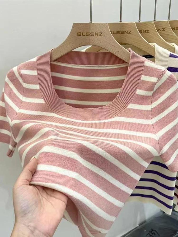 امرأة الملابس مخطط تي شيرتات قصيرة الاكمام سليم صالح القمم أنثى س الرقبة محبوك غمد تي شيرت الشارع ارتداء الجنس رياضي Y2K جديد 3