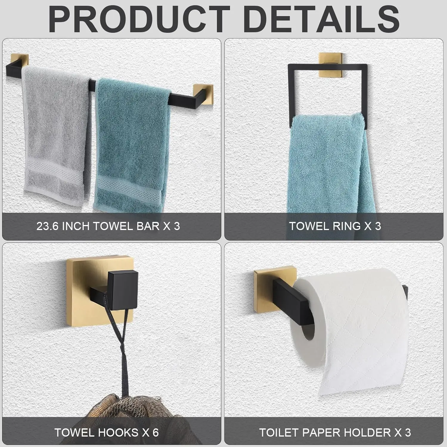 15-Pcs Bathroom Set. 23.6" Towel Bar Kit. Stainless Steel. Racks, Ring, Hooks, Paper Holder. Wall-Mounted. Black/Gold.