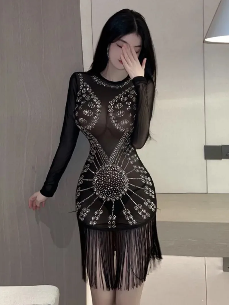 

Spicy Sexy Spring/Summer New Girl Heavy Industry Diamond tassels Transparent Dress Women's Long Sleeve Slim Wrap Hip Skirt CTAO